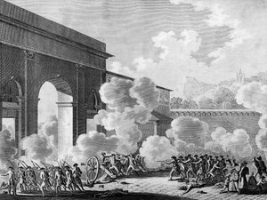 Francouzská revoluce: Případ Nancy 31. srpna 1790 (vzpoura posádky města Nancy). Rytina Berthaut po Prior. Paříž, knihovna Ústavu dějin revoluce