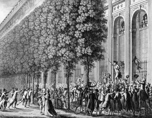 Francouzská revoluce: Pohyb učiněný v královském paláci Camille Desmoulins (1760-1794) dne 12. července 1789. Rytina Berthaut po Priorovi. Paříž, knihovna Ústavu dějin revoluce