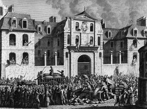 Francouzská revoluce: Vydrancování domu Saint Lazare v Paříži v pondělí 13. července 1789 revolucionáři. Rytina Berthaut po Prior. Paříž, knihovna Ústavu dějin revoluce
