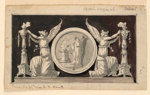 Dekorativní panel: Medailon s obětní scénou mezi dvěma vítězstvími zdobící svícen od Jean Louis Prieur the Younger