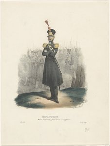 Důstojník národní milice, 1829 Pěchota / Národní milice, Důstojnické svlékání (titul na předmětu) Belgické kostýmy: starověké a moderní, vojenské, civilní a náboženské, 1830 (název série) od Jean Louis Van Hemelryck