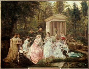 Růže z Malmaison: císařovna Josefína de Beauharnais a císař Napoleon Bonaparte a jeho čestné dámy Obraz Victora Viggera du Vigneau (1819-1879) Sun. 0,71x0,92 m Malmaison, hradní muzeum