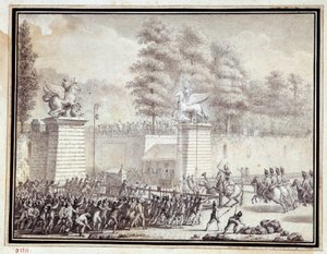 Francouzská revoluce: „“ Monsieur de Lambesc vstoupil do Tuileries s oddělením od královského německého pluku dne 12. července 1789““ Kresba tuší a lazurou Jean-Louis Prieur (1759-1795)