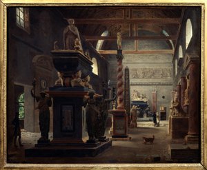 Úvodní síň Musee des Monuments Francais v klášteře Petites Augustins rue Bonaparte v Paříži Obraz Jeana Lubina Vauzelleho (1776-afr 1837) 1812 ne. 0,6x0,75 m Paříž, Musee Carnavalet.