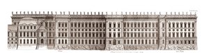 Louvre v Paříži, projekt Giana Lorenza Berniniho: pohled na hlavní průčelí směřující k Seině - Z „”Francoise Architecture”” od Jacquese-Francoise Blondela - průčelí hlavního průčelí Cote Seine - projekt Bernin - rytina Jean Marot