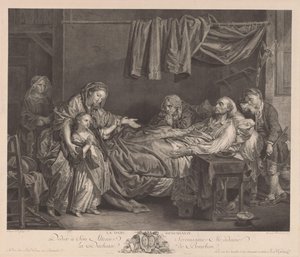 Rodina kolem nemocného lůžka La Dame Bienfaisante (název na objektu) od Jean Massard
