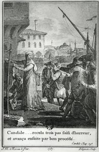 Candide ... zděšeně udělala tři kroky zpět a pak pokročila dobrým postupem, ilustrace z kapitoly 29 Candide od Francoise Voltaira (1694-1778) vyrytá Jeanem Louisem Delignonem (1755-1804) 1787 od Jean Michel the Younger Moreau