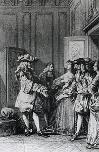 Ilustrace z LImpromptu de Versailles od Moliere (1622-73) vyryla D. Nee od Jean Michel the Younger Moreau