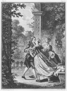 První polibek lásky, svazek I, strana 37, ilustrace z „La Nouvelle Heloise“ od Jeana-Jacquese Rousseaua (1712-78), vyrytého Noelem Le Mirem (1724-1800) od Jean Michel the Younger Moreau