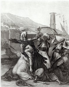 „Můj kapitán mě držel schovaného za sebou a svou tasenou šavlí posekal každého, kdo mu odporoval“, ilustrace z 11. kapitoly „Candide“ od Francoise Voltaira (1694-1778) (rytina) (černobílá fotografie)