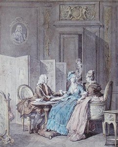 Prohlášení o těhotenství, 2. polovina 18. století, ryl Pietro Antonio Martini (1739-97) (barevná rytina) (viz také 19554)