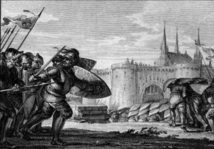 Vikingská armáda útočící na Saint Germain des Pres (Saint-Germain-des-Pres) a jeho opatství. 9. století (vláda Karla II. Lysého). Rytina Jean Michel Moreau, známý jako Moreau mladší (1741-1814) od Jean Michel the Younger Moreau