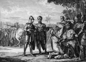 Bitva u Tertry, 687: vítěz Armee of Neustria, Pepin Jeune nebo Herstal (asi 653-714), princ Austrasie, uznává autoritu krále Neustrije Thierry III (657-691). Rytina Jean Michel Moreau, dit Moreau le Jeune (1741-181