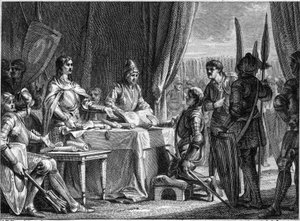 Charles Martel (688-741), král franků, rozdává zboží církve svým vojákům, 718. Rytina Jean Michel Moreau, dit Moreau le Jeune (1741-1814) od Jean Michel the Younger Moreau