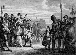 Charles Martel poslán do vězení, 714: Plectrude (asi 650-717), vdova po Pepinu de Herstal, poslala mladého Charlese Martela (688-741) do vězení, aby ho zbavila moci. Rytina Jean Michel Moreau, dit Moreau le Jeune (1741-1814) od Jean Michel the Younger Moreau