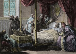 Smrt Dagoberta I. (602/605 - 638), krále franků, za přítomnosti jeho manželky, královny Nantildy (asi 610-642) a jeho syna, budoucího Chlodvíka II. (asi 635-657). Rytina Jean Michel Moreau, dit Moreau le Jeune (1741-1814) od Jean Michel the Younger Moreau
