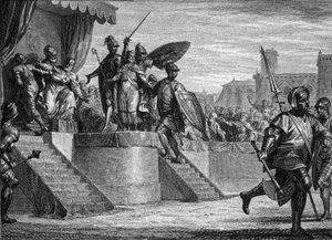 Konec dynastie Merovejců, 751: sesazení krále Childerika III. (asi 714-754) Pepinem Briefem (714-768). Rytina Jean Michel Moreau, dit Moreau le Jeune (1741-1814) od Jean Michel the Younger Moreau