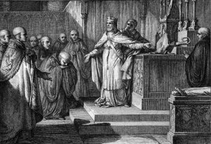 Hugues Capet (941-996) obnovil kanonické volby: král Franků dovolil mnichům volit své abbé umístěním kříže a mitry na oltář. Rytina Jean Michel Moreau, dit Moreau le Jeune (1741-1814) od Jean Michel the Younger Moreau