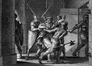 Uvěznění Karla III. Jednoduchého (879-929), 923: Ve víře, že najde útočiště u Herberta z Vermandois, byl bývalý král Franků zrazen druhým a poslán do vězení. Rytina Jean Michel Moreau, dit Moreau le Jeune (1741-1814) od Jean Michel the Younger Moreau