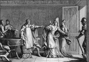 Ludvík V. Faineant (966-987), král Franků, vyhání svou matku, italskou královnu Emmu (945-988), obviněnou z otrávení svého manžela, krále Lothairea (941-986), 987. Rytina Jean Michel Moreau , dit Moreau le Jeune (1741-1814) od Jean Michel the Younger Moreau