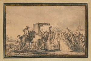Marie Antoinetta, vystupující z kočáru a obklopená svým doprovodem, utěšující rolníka, 1773 od Jean Michel the Younger Moreau
