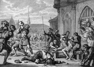 Mučedník Saint Leger a hrabě Guarin, 675: eveque Saint Leger (616-675), vpravo, má proříznutý jazyk a rty. Jeho bratr hrabě Guarin (vlevo) je ukamenován. Rytina Jean Michel Moreau, dit Moreau le Jeune (1741-1814) od Jean Michel the Younger Moreau