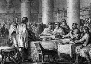 Obnovení studií na Západě králem franků Karlem Velikým (747-814) a mnichem Alcuinem. 781. Rytina Jean Michel Moreau, dit Moreau le Jeune (1741- 1814) od Jean Michel the Younger Moreau