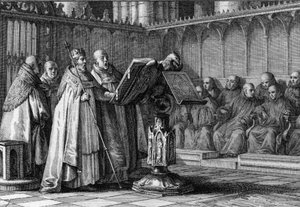 Robert II. zbožný (970-1031), král Franků, zpívá při bohoslužbě před řečnickým pultem. Nosí jeho korunu a drží jeho žezlo. Rytina Jean Michel Moreau, dit Moreau le Jeune (1741-1814) od Jean Michel the Younger Moreau