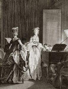 Saint Preux a Claire u cembala v „Julie ou la nouvelle Heloise““ od švýcarského filozofa Jean Jacques (Jean-Jacques) Rousseau (1712-1778) - rytina Moreau le jeune, Jean Michel (1741-1814) (Saint14 -Preuxi, usadí se u cembala, polib od Jean Michel the Younger Moreau
