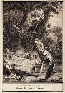 „Její oči jsou zavřené do dne, když její srdce má lásku“, ilustrace z „Choix de Chansons“ od Laborde od Jean Michel the Younger Moreau