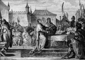 Posloupnost Pepina Krátkého, 768: Shromáždění se rozhodlo rozdělit království mezi jeho dva syny, Karla Velikého (747-814) a Carlomana (asi 751-771), čímž byla zrušena opatření učiněná Pepinem Briefem. Rytina Jean Michel Moreau, dit Moreau l od Jean Michel the Younger Moreau