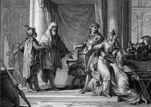Princezna z Akvitánie, Lampagie, byla násilně provdána svým otcem (Eudes) za maurského kapitána Munuzu (Uthman ibn Naissa), aby zajistila mír se Saracény, 730. Rytina Jean Michel Moreau, dit Moreau le Jeune (1741-1814 )