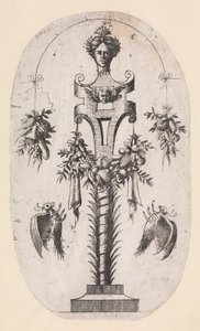 Design for a Term with Head of Woman, Strapwork and Trophys, 1535-55. od Jean Mignon