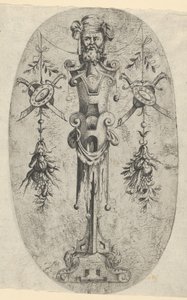 Mužská konečná postava, hlava s plnovousem a turban na tříčtvrtečním páskovém pede..., ca. 1543-45. od Jean Mignon