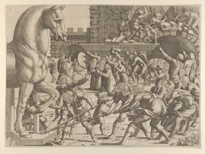 Trojané přinášejí dřevěného koně do svého města, 1535-55. od Jean Mignon