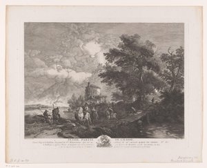 Lovecká skupina v krajině s mostem Petite Partie de Chasse (název na objektu) Tisky po obrazech od Philipse Wouwermana (název série) Oeuvres de Ph.pe Wouwermans Hollandois (název série) od Jean Moyreau