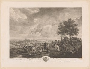 Krajina s koňskými obchodníky na trhu Les Maquignons à la Foire (název na objektu) Tisky po obrazech od Philipse Wouwermana (název série) Oeuvres de Ph.pe Wouwermans Hollandois (název série) od Jean Moyreau
