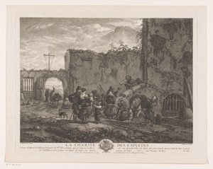 Mniši rozdávají jídlo poutníkům na nádvoří La Charité des Capucins (název na objektu) Tisky po obrazech od Philipse Wouwermana (název série) Oeuvres de Ph.pe Wouwermans Hollandois (název série)