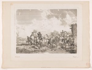 Odpočinková lovecká párty u fontány La Fontaine de Venus Tisky po obrazech od Philipse Wouwermana (název série) Oeuvres de Ph.pe Wouwermans Hollandois (název série)