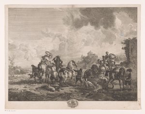Odpočinková lovecká párty u fontány La Fontaine de Venus Tisky po obrazech od Philipse Wouwermana (název série) Oeuvres de Ph.pe Wouwermans Hollandois (název série) od Jean Moyreau