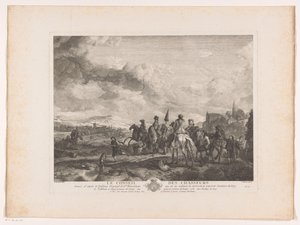 Odpočinková lovecká párty v krajině Le Conseil des Chasseurs (název na objektu) Tisky po obrazech od Philipse Wouwermana (název série) Oeuvres de Ph.pe Wouwermans Hollandois (název série)