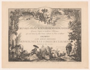 Titulní tisk s postavami a zvířaty v krajině s portrétem Philipse Wouwermana Tisky po obrazech od Philipse Wouwermana (název série) Oeuvres de Ph.pe Wouwermans Hollandois (název série na objektu)