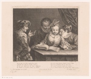 Mladá žena zpívá a tři mladí muži u stolu Autor: Antoine Watteau (název série) L