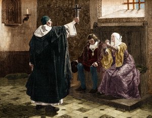 Velký španělský inkvizitor Fray Tomas de Torquemada (1420-1498), mezi katolickými králi Ferdinandem II. a Isabelou 1. Kastilskou
