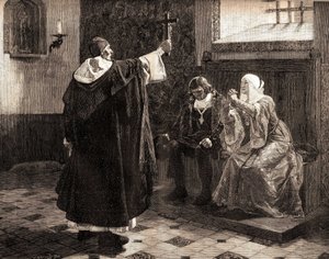 Velký španělský inkvizitor Fray Tomas de Torquemada (1420-1498), mezi katolickými králi Ferdinandem II. Aragonským a Isabelou Kastilskou