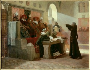 Albigeoská inkvizice: „Agitátor Languedoca Bernarda Delicieuxe (1260-1318), františkánského mnicha během jeho procesu. Scéna soudu: v první řadě uprostřed, čelem k Bernardu Delicieuxovi, je velký inkvizitor obklopen dvěma řeholníky, za od Jean Paul Laurens
