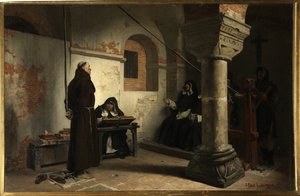 Bernard Delicieux (1260-1319) před tribunálem inkvizice - Obraz Jean Paul (Jean-Paul) Laurens (1838-1921), olej na plátně, kolem 1881, 79x121 cm - (Bernard Delicieux před inkvizičním tribunálem, O plátno Jean Paul Laurens) - Sta