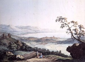 Pohled na Ženevu ze Saconexu v Savoy, vyrytý Jean Philippe Linck II (1770-1812) a Jacob Philippe Hackert (1737-1807) (rytina) od Jean Philippe II (after) Linck
