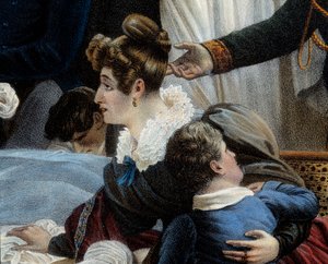 Smrt Napoleona, 5.5.1821 v Saint Helenedetail představující Fanny Bertrand, manželku Henriho Gatiena Bertranda (1773-1844). Litografie Jeana Pierra Marie Jazeta (1788-1871) podle obrazu Charlese Auguste Steubena (1788-1856) Malmaisona. Zámek