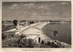 Chandernagor (dnešní Chandannagar, v Západním Bengálsku), na břehu Gangy, rytina podle kresby J. Moyneta, ilustrující cestu Rajahů v Indii, v letech 1864-1868, Louis Rousselet, publikováno v „“ Le tour du monde”” 1874, vyd